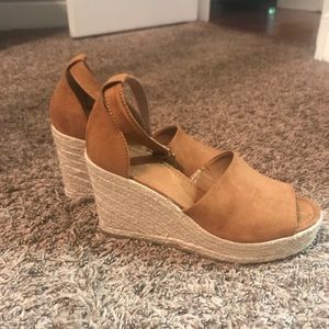 Camel color strapped wedges